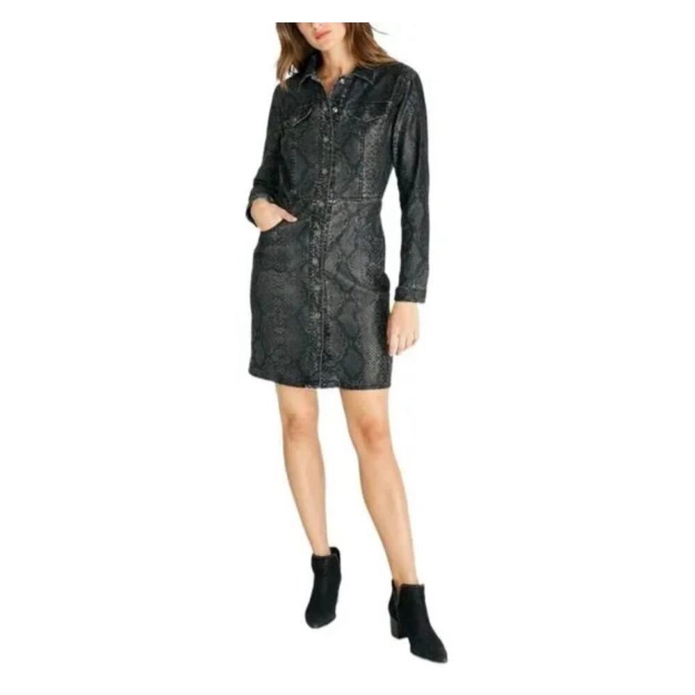 Etica Jordyn Black Snake Print Jean Button Up Long Sleeve Dress Size XS
